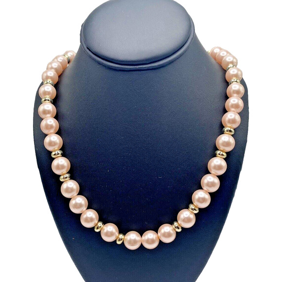 Vintage Jewelry - Vintage Faux Pearl Gold Tone Beaded Necklace Blush Pink Classic Retro 25"